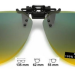 Clip-On (aurinkolasi-clippi) polarisoiva silmälasien päälle. Vihrea/keltainen 75%  /  klipsi leveys 135mm, linssi leveys 62mm, korkeus 55mm